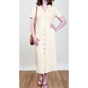 Vintage Linen Floral Embroidered Button Up Down Midi Dress Summer Sun Sundress